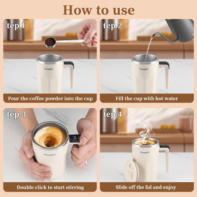 12oz Mocha Self-Stirring Coffee Mug with Temperature Display – Rechargeable Automatic Mixing Cup with Lid for Coffee, Milk & Other Drinks (White)