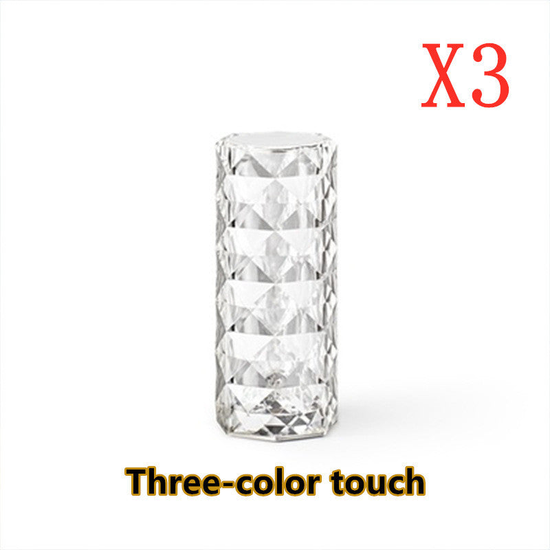 Nordic Crystal Touch Lamp – USB Rechargeable Diamond Night Light with Dimming Control & Rose Projection for Bedroom Décor