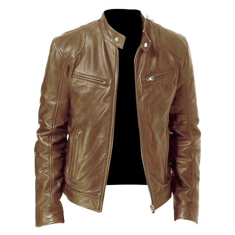 Men’s PU Leather Zip-Up Jacket with Stand Collar & Pockets – Stylish Short Cardigan Coat