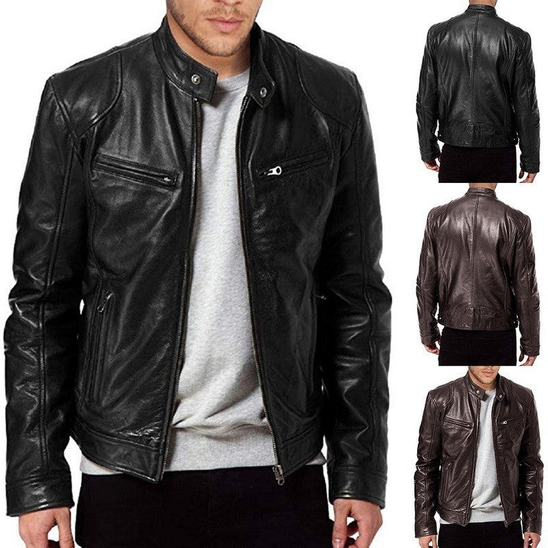 Men’s PU Leather Zip-Up Jacket with Stand Collar & Pockets – Stylish Short Cardigan Coat