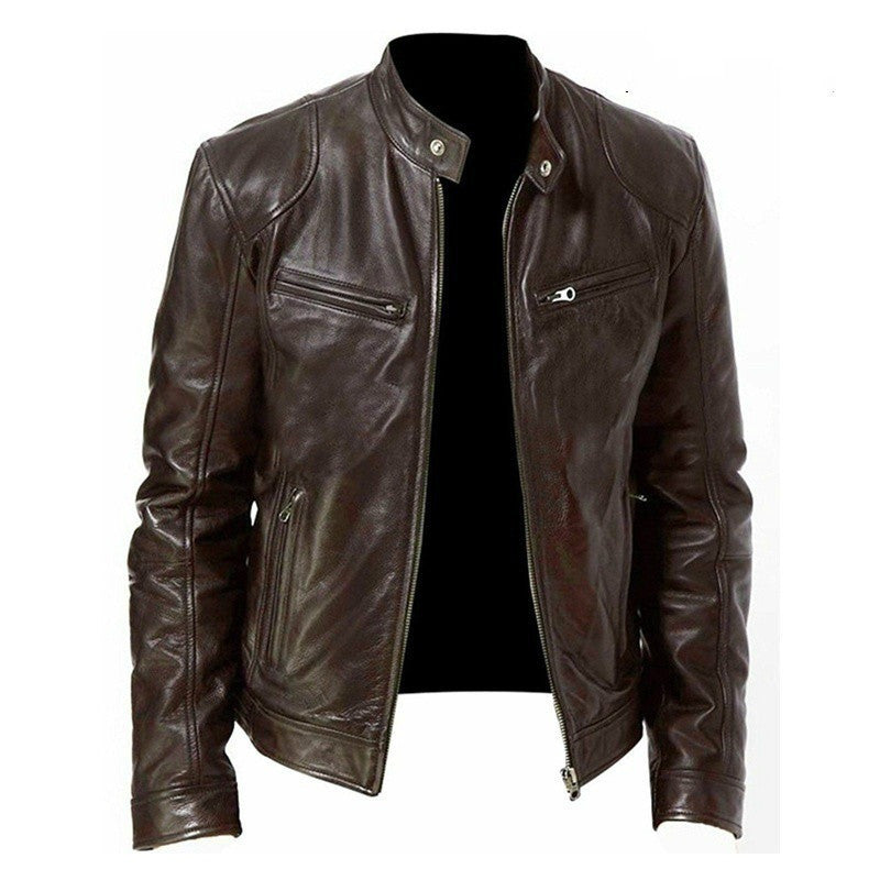 Men’s PU Leather Zip-Up Jacket with Stand Collar & Pockets – Stylish Short Cardigan Coat