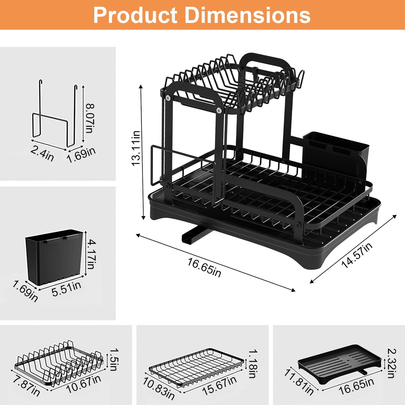 1-Piece 2-Tier Rustproof Kitchen Dish Drying Rack with Drainboard, Utensil Holder & Chopping Board Organizer
