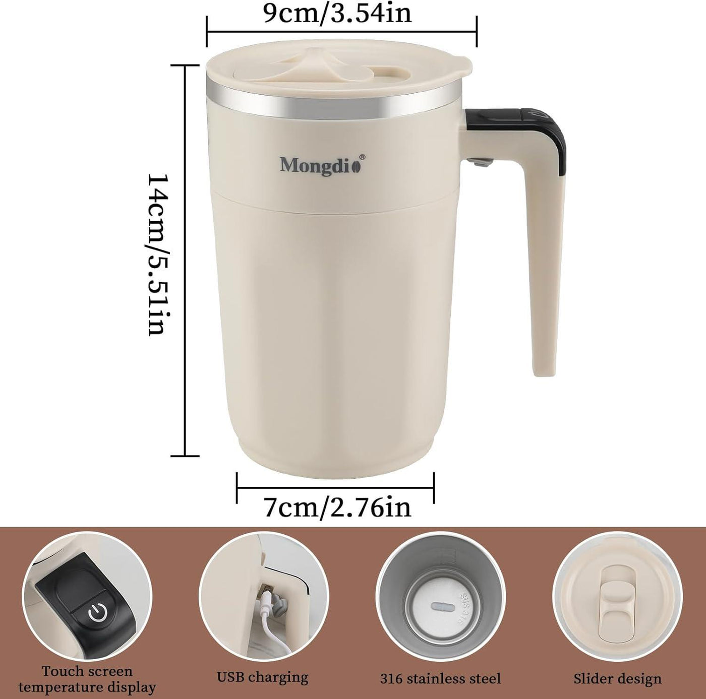 12oz Mocha Self-Stirring Coffee Mug with Temperature Display – Rechargeable Automatic Mixing Cup with Lid for Coffee, Milk & Other Drinks (White)