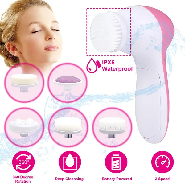 Waterproof Facial Cleansing Brush with 5 Interchangeable Spin Brush Heads – Deep Skin Cleaning Tool for Women