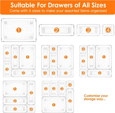 25-Piece Clear Plastic Drawer Organizer Set – Versatile Storage Bins for Makeup, Office, Kitchen & Bathroom Drawers