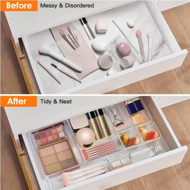 25-Piece Clear Plastic Drawer Organizer Set – Versatile Storage Bins for Makeup, Office, Kitchen & Bathroom Drawers