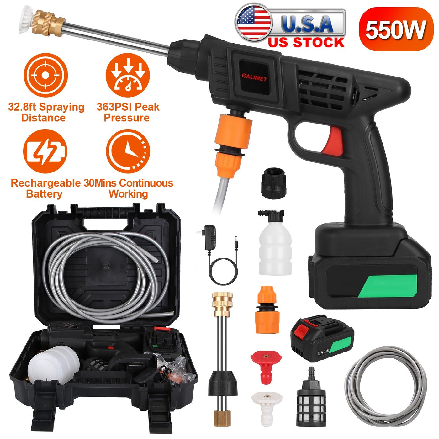 Cordless Portable Electric Pressure Washer – 363PSI High-Pressure Car Cleaner with 48V 12000mAh Rechargeable Battery & 2 Nozzles