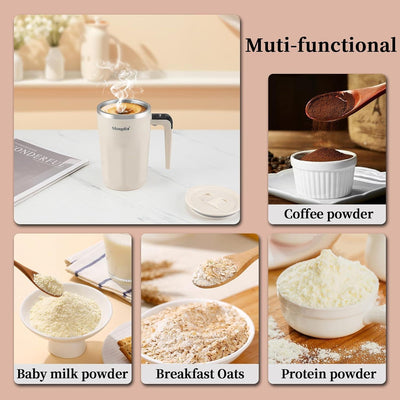 12oz Mocha Self-Stirring Coffee Mug with Temperature Display – Rechargeable Automatic Mixing Cup with Lid for Coffee, Milk & Other Drinks (White)