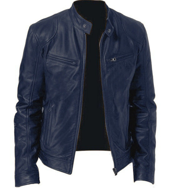 Men’s PU Leather Zip-Up Jacket with Stand Collar & Pockets – Stylish Short Cardigan Coat