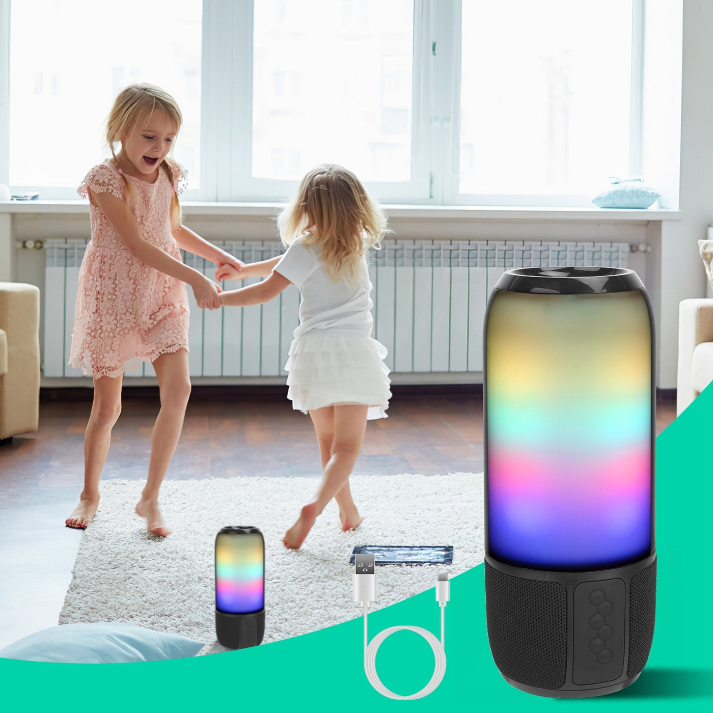 1-Piece Wireless Portable Bluetooth Speaker – Loud Stereo with 6 Color LED Lights, TWS, FM Radio for Home, Outdoor & Travel