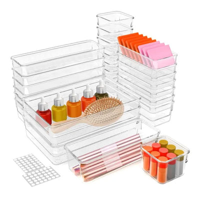 25-Piece Clear Plastic Drawer Organizer Set – Versatile Storage Bins for Makeup, Office, Kitchen & Bathroom Drawers